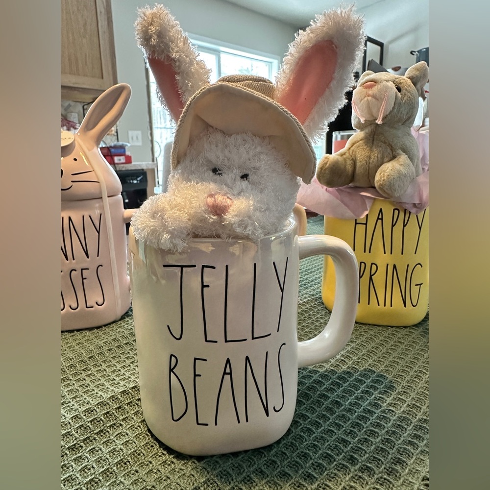 Rae Dunn JELLY BEANS Iridescent Mug with Gardening Bunny for Easter and Spring